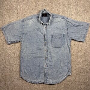Vintage Coliseum World Explorer Denim Shirt Men's S/P Short Sleeve Button Up 90s